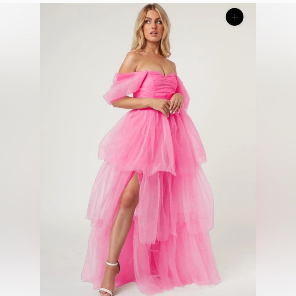 COPY - Lace & Beads off shoulder tulle maxi dress in bright pink - Picture 2 of 5